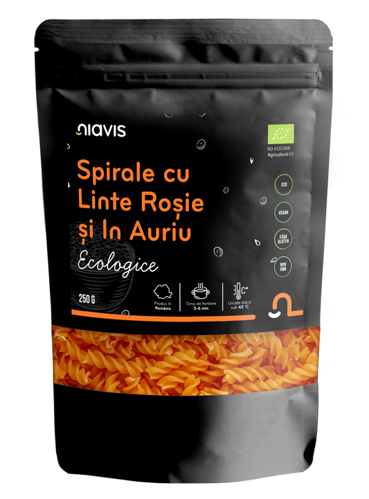 Spirale ecologice Niavis din linte roșie și in auriu, 250g, paste fără gluten bogate în proteine vegetale și Omega-3.