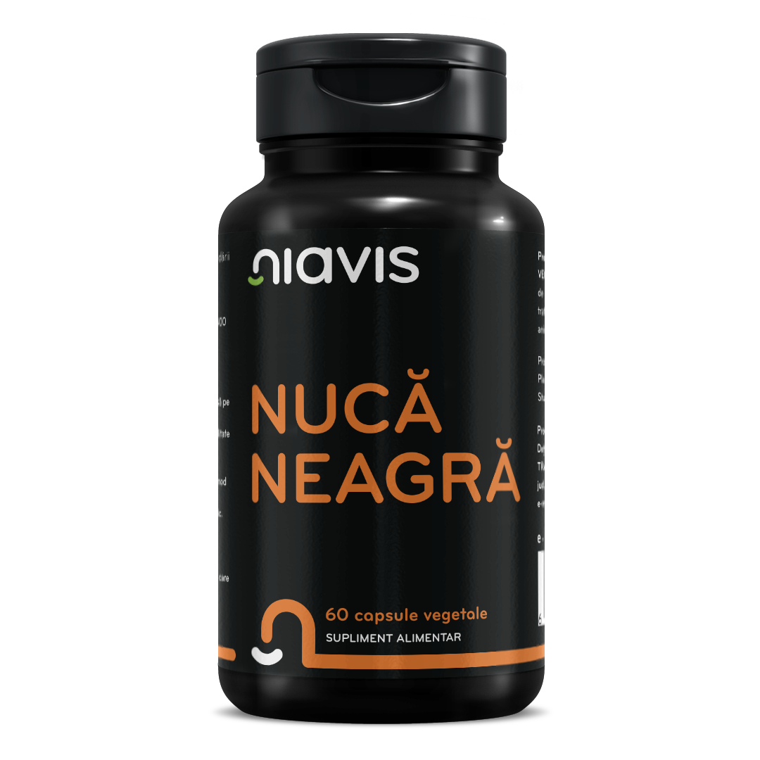 Supliment Nucă Neagră Niavis, capsule vegetale cu extract 4:1 din coji de Juglans nigra pentru detoxifiere și eliminarea paraziților intestinali.