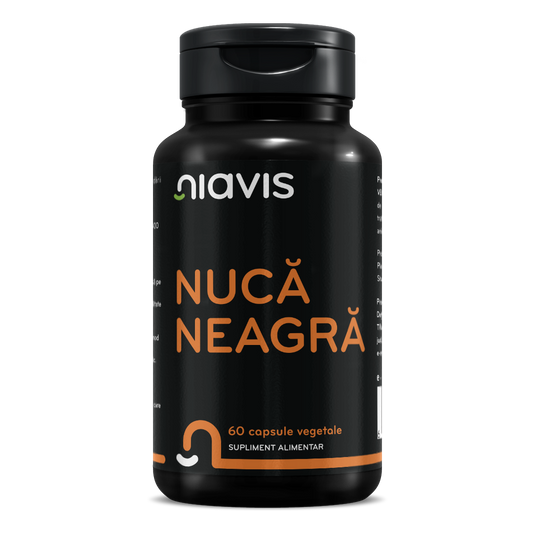 Supliment Nucă Neagră Niavis, capsule vegetale cu extract 4:1 din coji de Juglans nigra pentru detoxifiere și eliminarea paraziților intestinali.