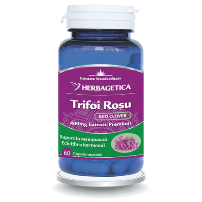 Supliment Trifoi Roșu (Red Clover) 400 mg, extract 4:1 pentru ameliorarea simptomelor menopauzei, reducerea bufeurilor și susținerea sistemului osos.