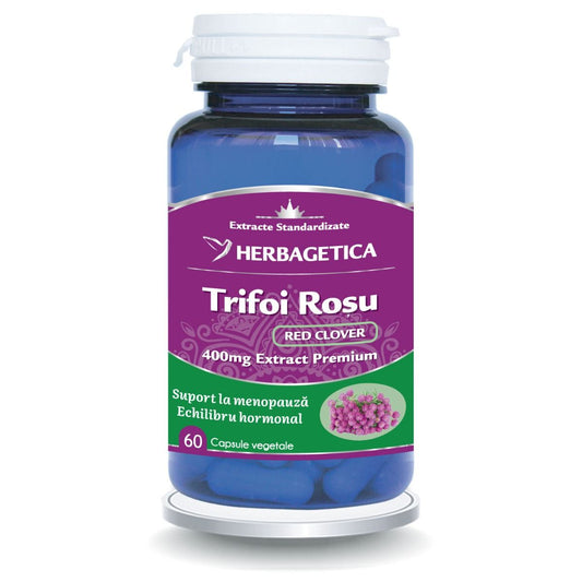 Supliment Trifoi Roșu (Red Clover) 400 mg, extract 4:1 pentru ameliorarea simptomelor menopauzei, reducerea bufeurilor și susținerea sistemului osos.